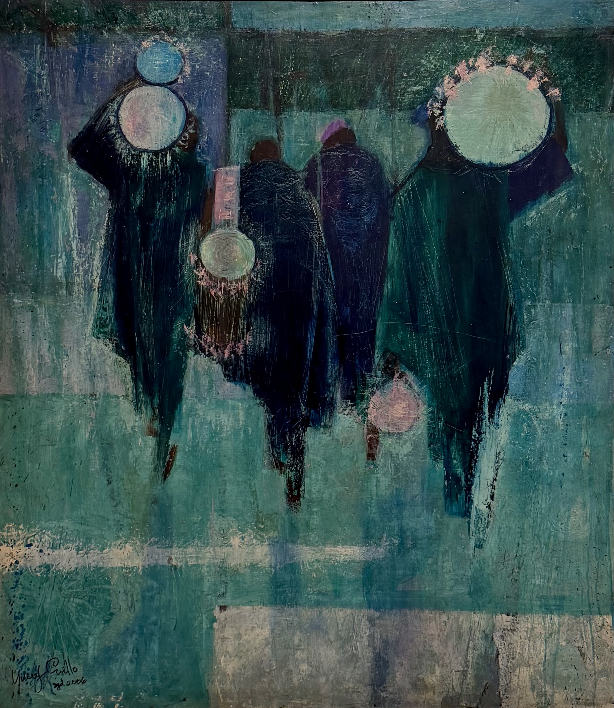 Abstract painting of four elongated figures seen from behind, each holding a round drum, painted in layered teal, blue, and muted pink tones against a textured turquoise background.