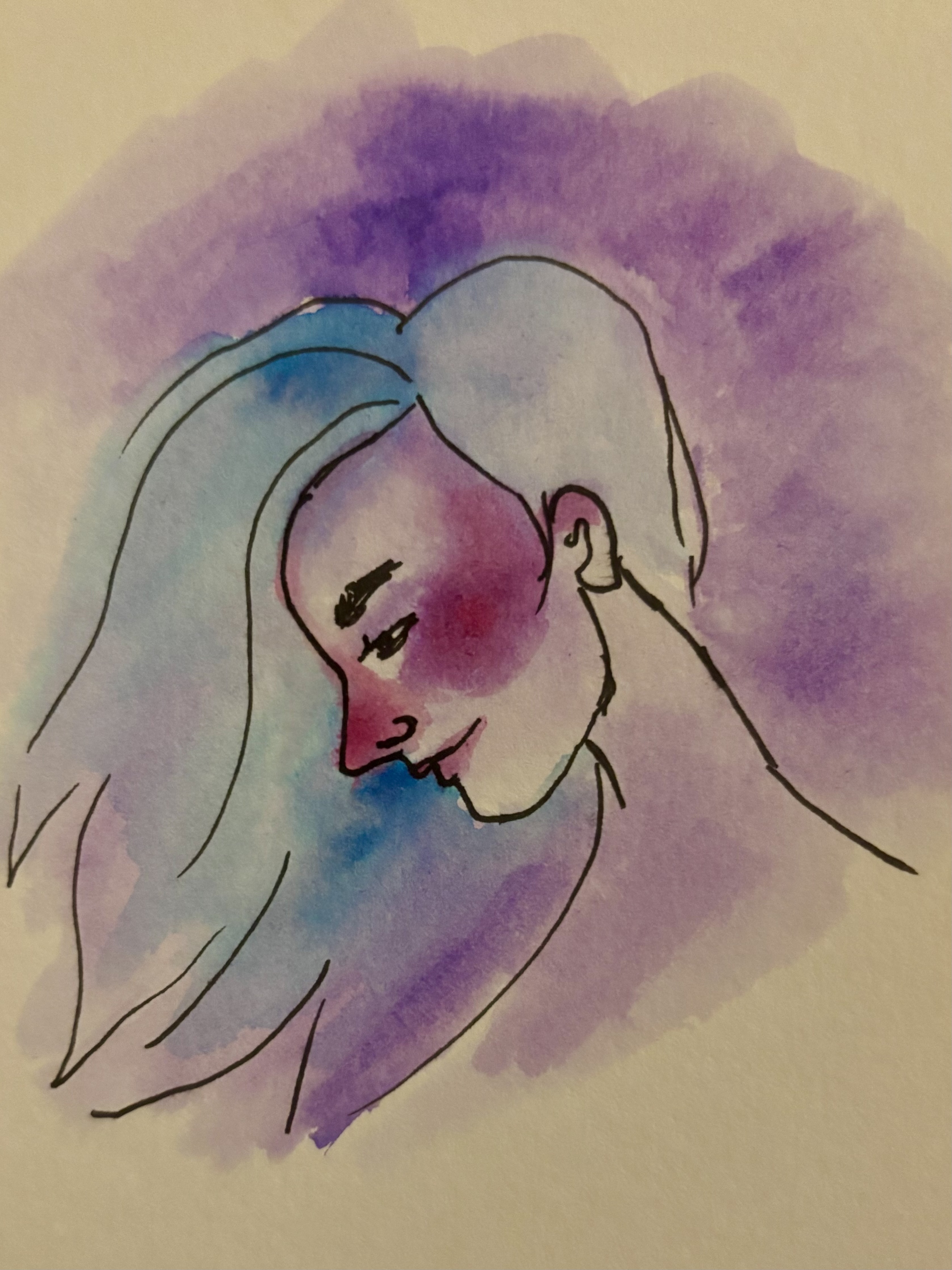 Watercolour illustration of a person in profile with long, flowing hair. Their head is slightly tilted downward with a calm, introspective expression. The background features soft gradients of purple, blue, and pink, blending into the hair and face, giving the artwork a dreamy, ethereal atmosphere